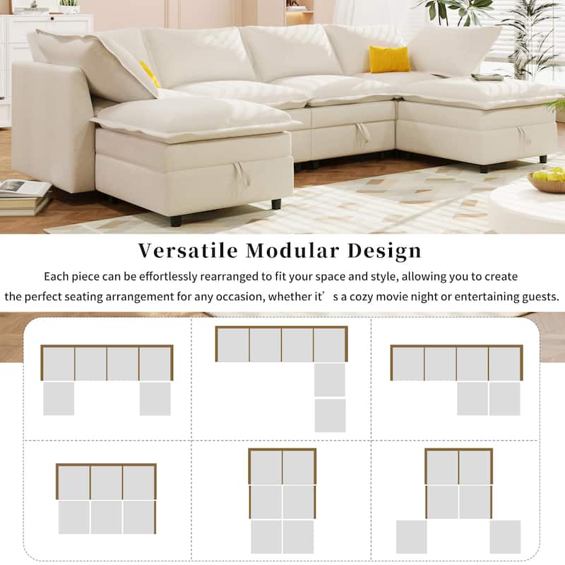 6-Piece Modular Sofa Bed 126" with Under-Seat Storage, Faux Cushions