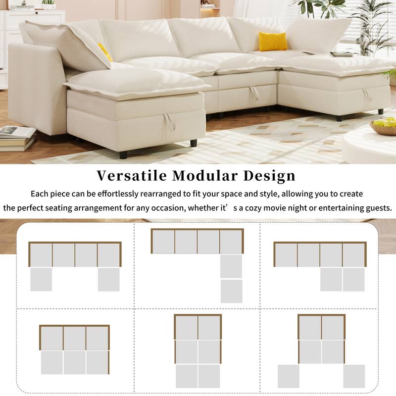 6-Piece Modular Sofa Bed with Storage, Beige Polyester, Ideal for Living Spaces