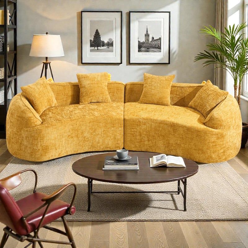 Curved Compressed Sofa Nordic Style, Chenille Upholstered 4 Seat Couch with Medium Soft Comfort for Living Room