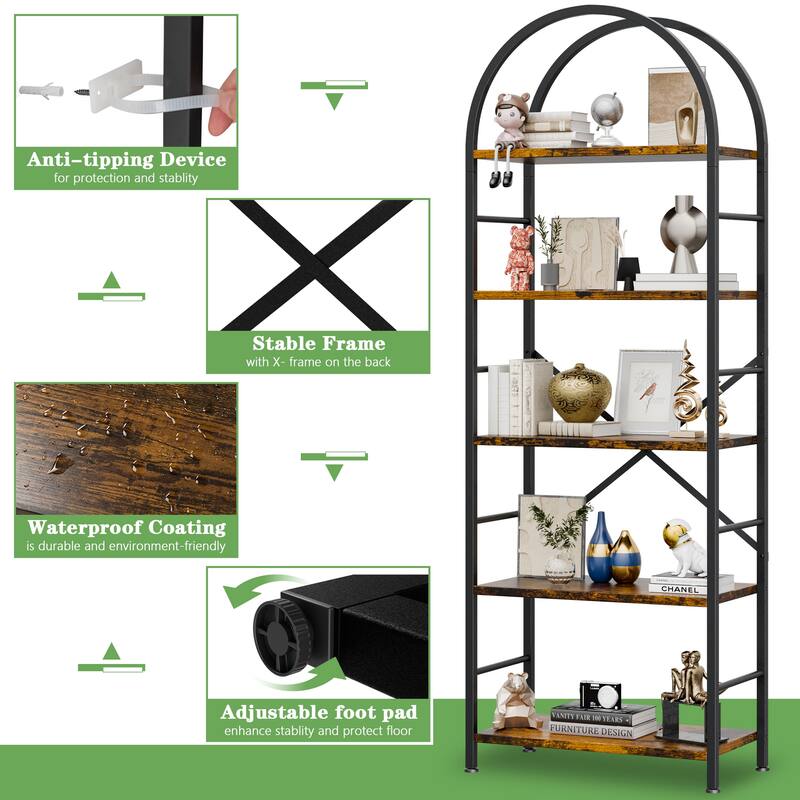 Futzca 5 Tiers Bookshelf Arched, Wooden Bookcase Display Rack