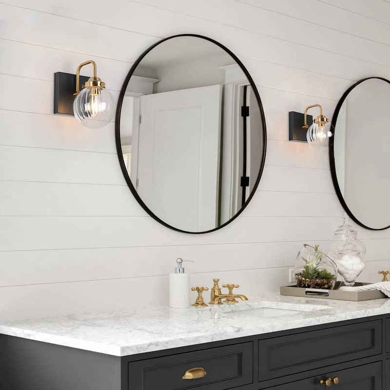 Modern 2-Light Black Gold Bathroom Vanity Light Ribbed Glass Wall Sconce