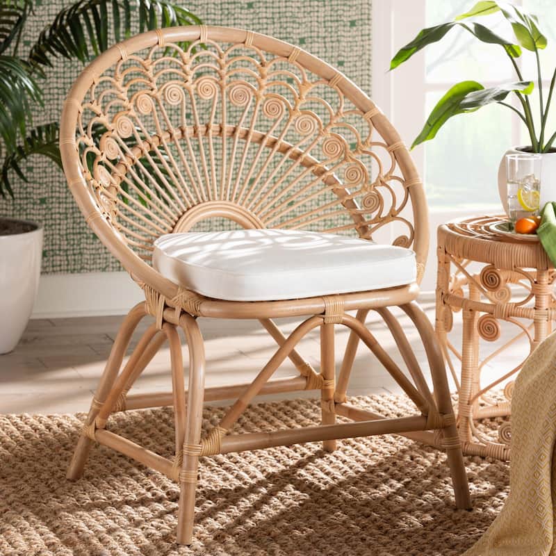 bali & pari Abriella Modern Bohemian Natural Brown Rattan Peacock Accent Chair