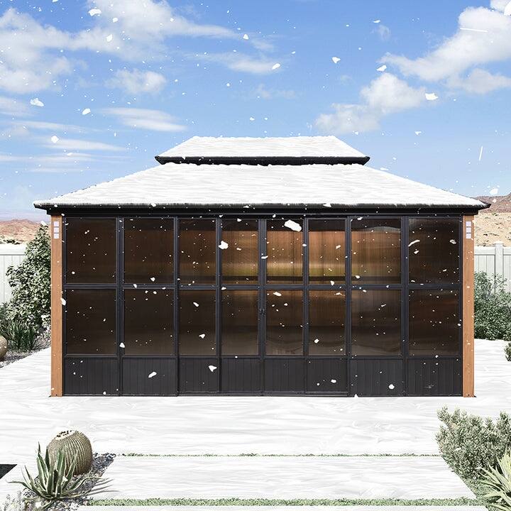 PURPLE LEAF Double Top Outdoor Sunroom Screen House Patio Hardtop Gazebo Wood Grain