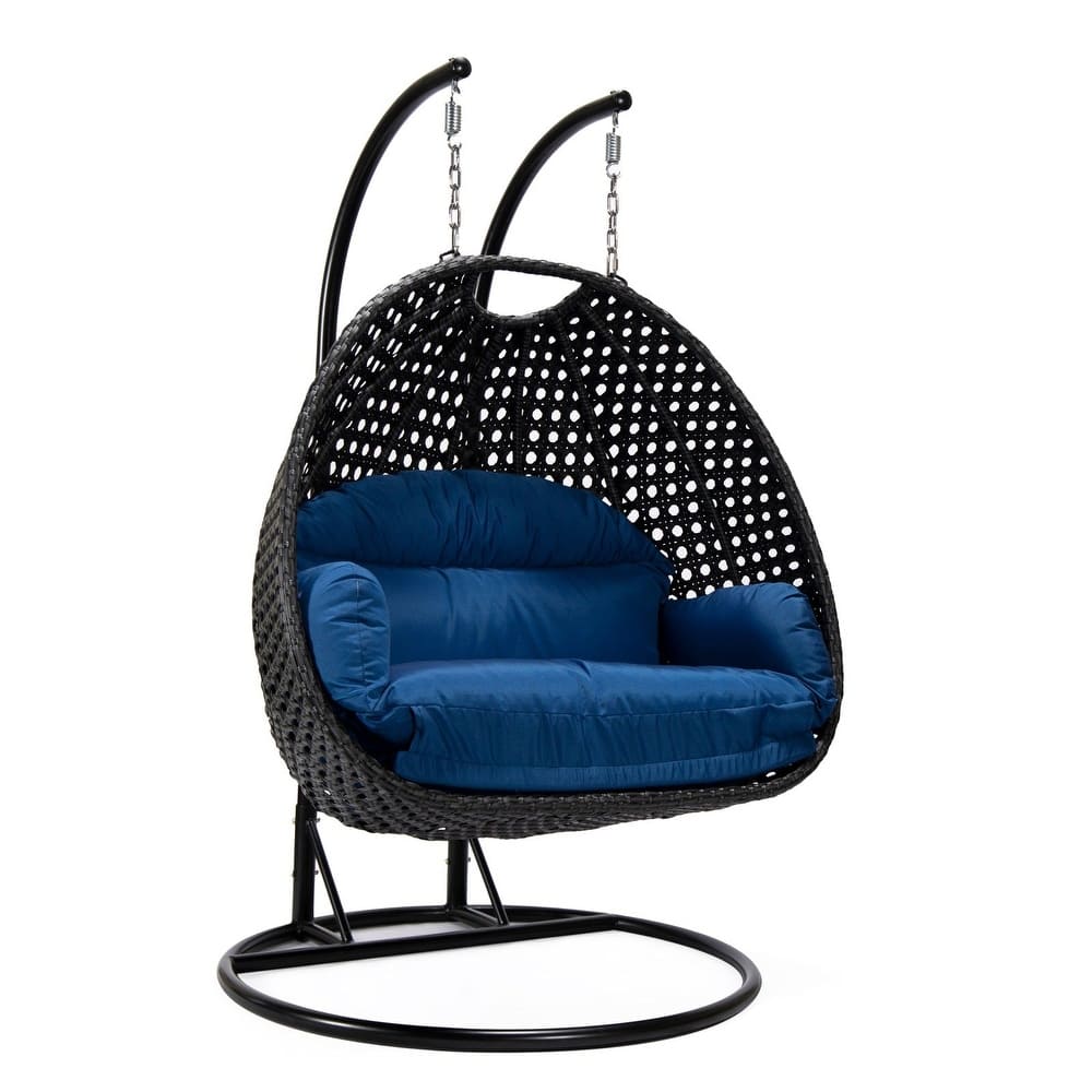 Double Egg Chair - Charcoal Wicker Swing with Breathable Cushions - 2-Person Outdoor Hammock with Rust-Resistant Iron Frame