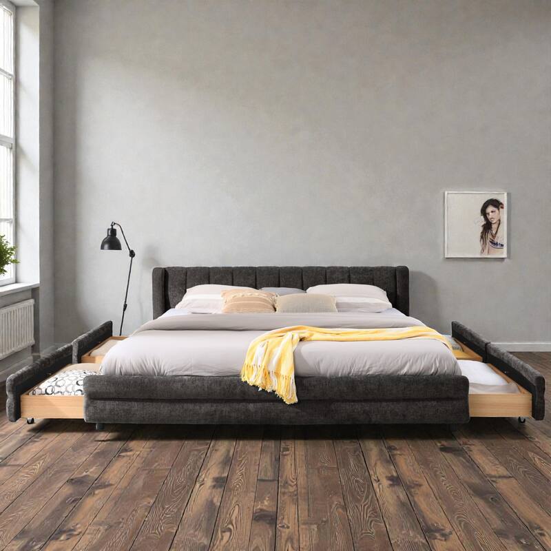 King Upholstered Bed Frame with Chenille Fabric, Soft Headboard and Underbed Storage Drawer, Modern Platform Design