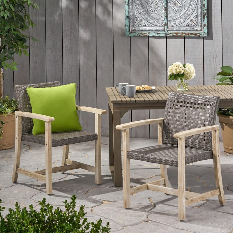 Roomfitters Outdoor Dining Chairs Set of 2, Acacia Wood Patio Armchairs with Woven Seat and Backrest