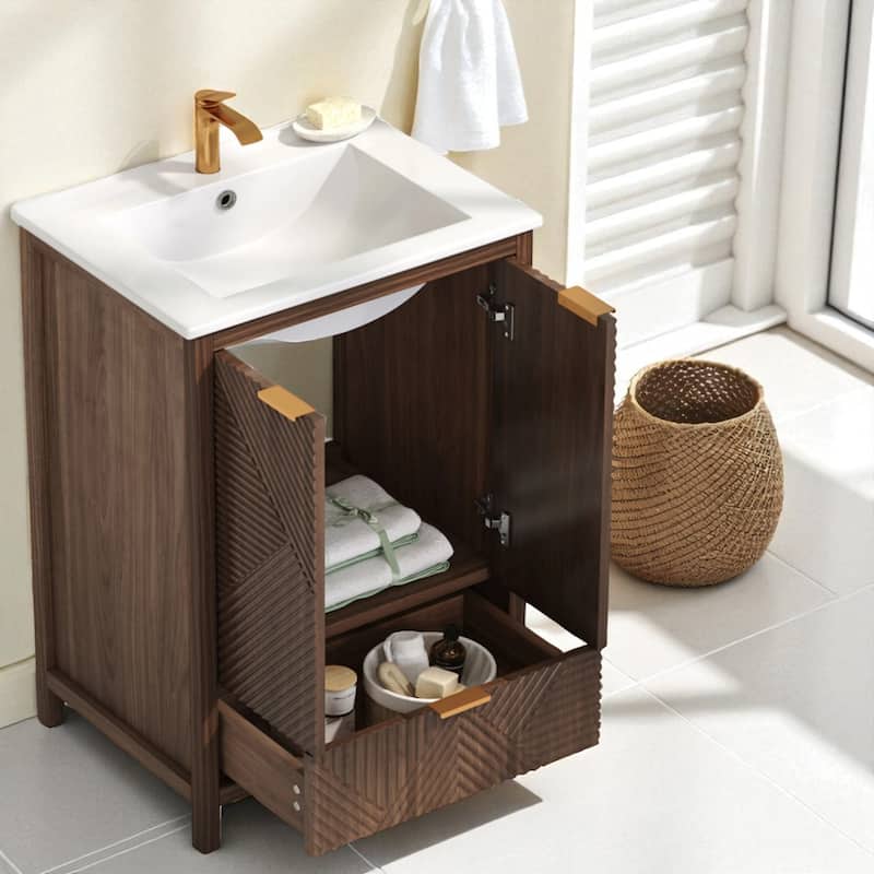 24" Bathroom Vanity with Ceramic Sink, Single Faucet Hole, Drawer Storage, Soft Close Doors and Textured Panels