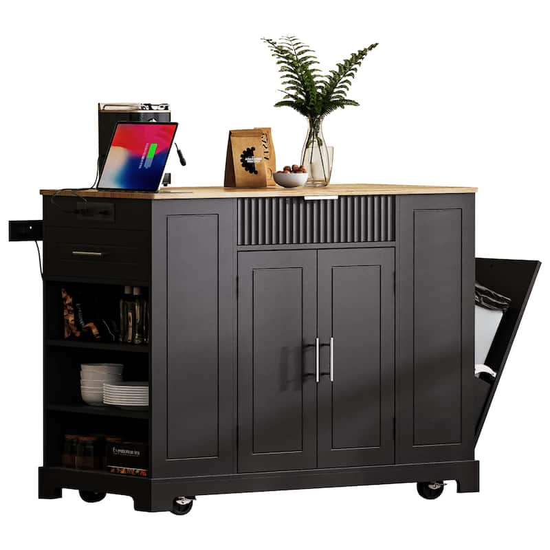 Fluted Kitchen Island with Trash Can Storage Cabinet, Kitchen Cart with Power Outlet Rolling Kitchen Islands on 5 Wheels
