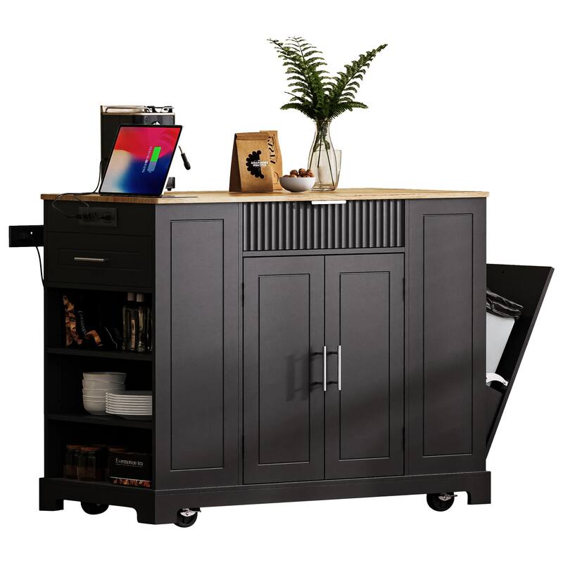 Fluted Kitchen Island with Trash Can Storage Cabinet, Power Outlet, Rolling Kitchen Islands on 5 Wheels with 3 Open Side Racks