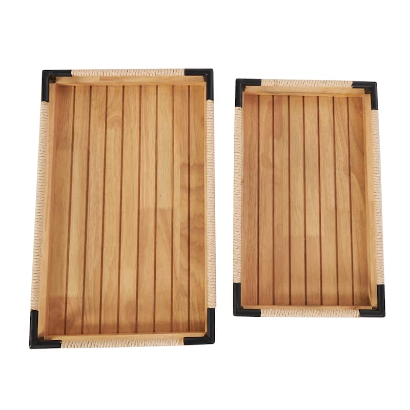 Wood Slatted Tray with Elevated Woven Sides and Black Metal Corners - Set of 2 Brown - Roche River Decor - 12"W x 19"L x 3"H