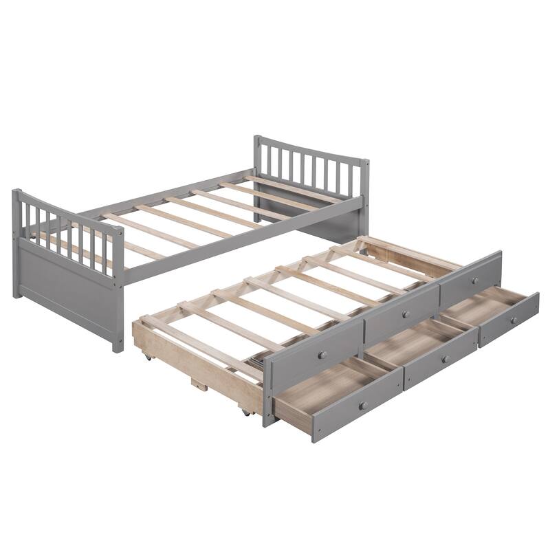 Wooden Daybed with Trundle and Drawers, Platform Sofa Bed Frame
