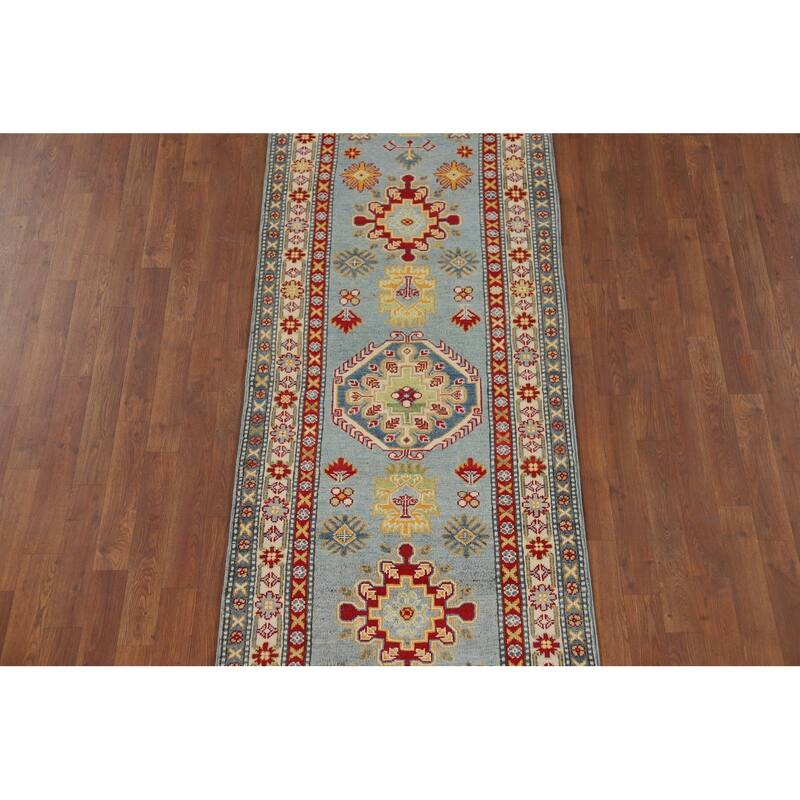 Light Blue Kazak Runner Rug Handmade Traditional Wool Carpet - 2'9" x 9'9"