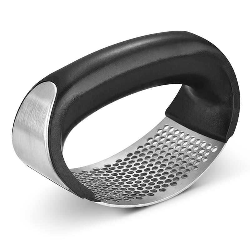 Cheer Collection Stainless Steel Garlic Press Rocker Set with Peeler Scraper and Cleaning Brush Black