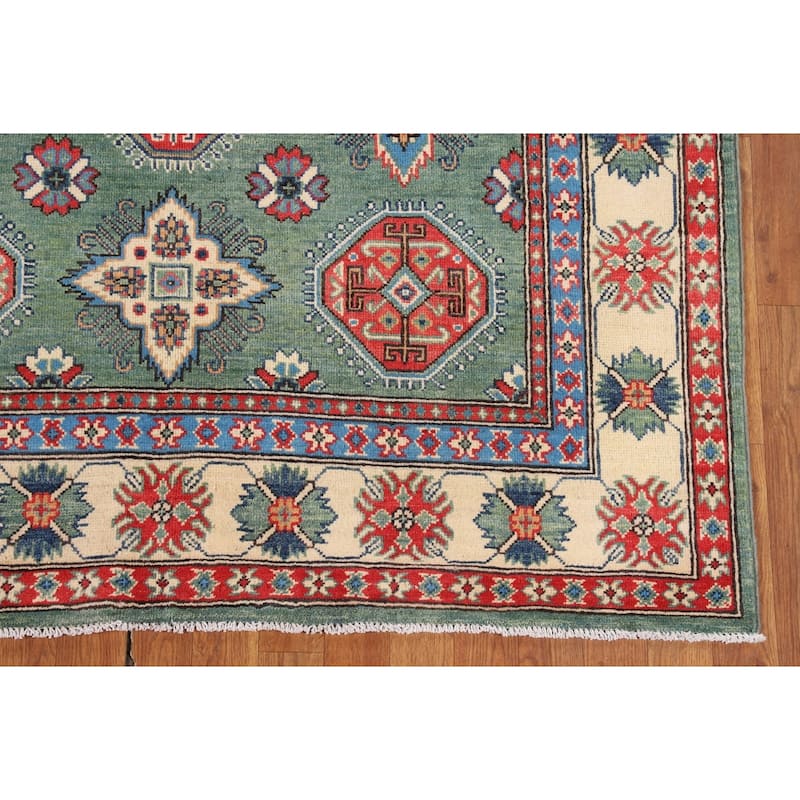 Kazak Oriental Area Rug Handmade Green Geometric Wool Carpet - 5'1" x 7'3"