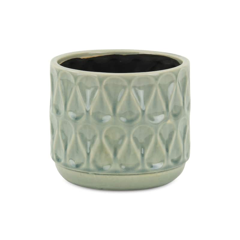 HomeRoots 7" Green Geometric Imprint Ceramic Indoor Outdoor Round Pot Planter