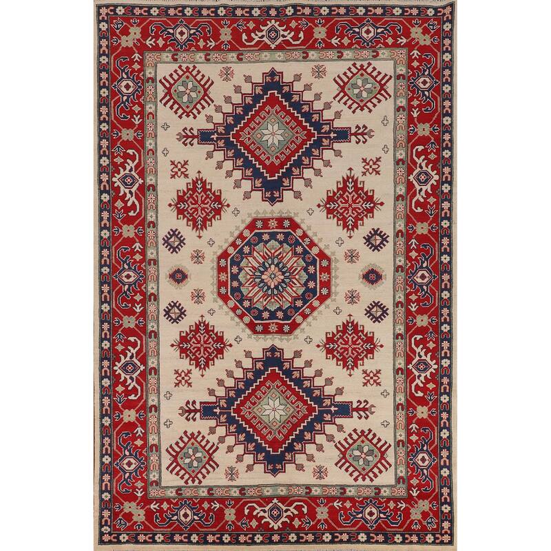 Geometric Kazak Area Rug Hand-Knotted Beige Oriental Wool Carpet - 6'9" x 9'9"