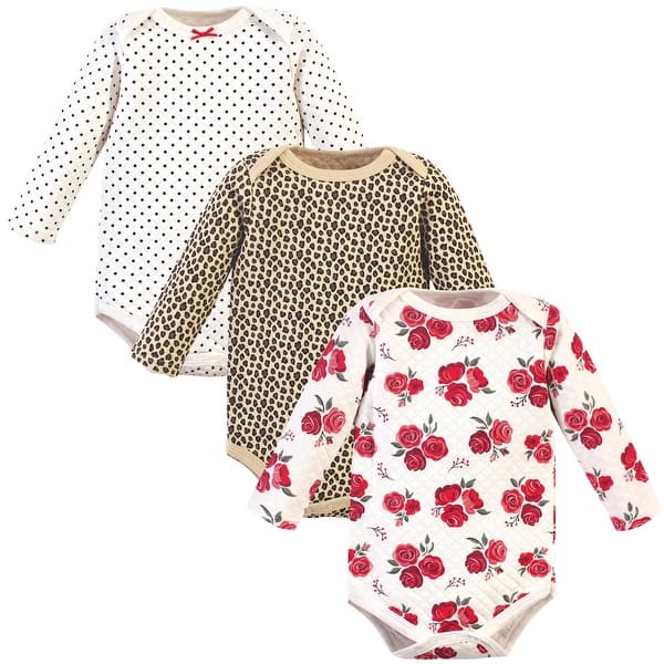 slide 1 of 1, Hudson Baby Infant Girl Quilted Long-Sleeve Cotton Bodysuits 3pk, Rose Leopard 0-3 Months - Rose Leopard
