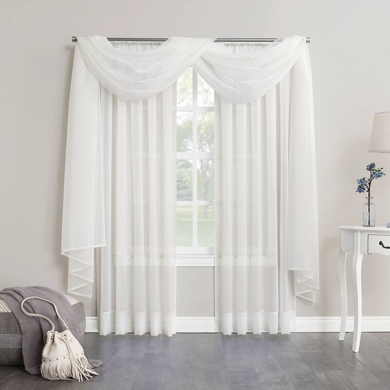 No. 918 Emily Voile Sheer Rod Pocket Window Curtain Scarf, Single Panel - 59" X 216" - White