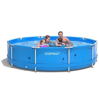 Costway Round Above Ground Swimming Pool Patio Frame Pool W/ Pool