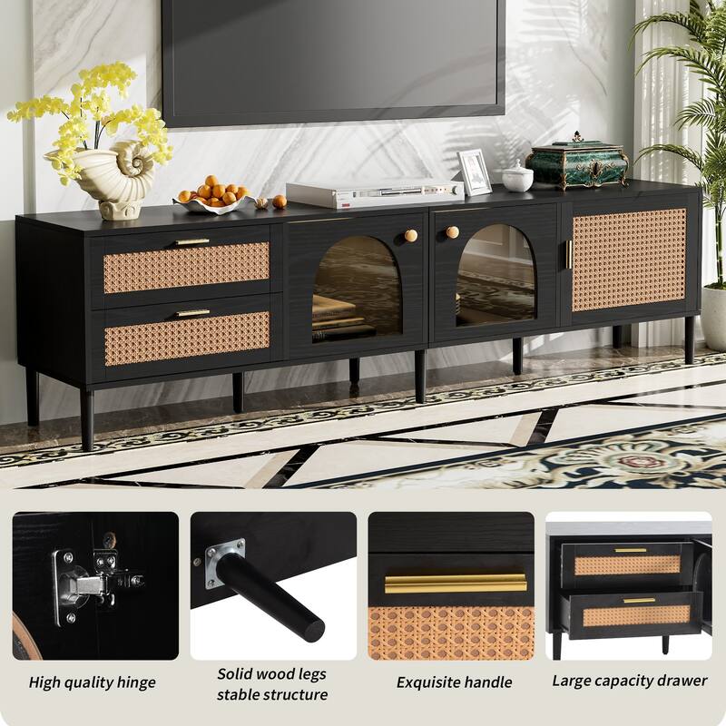 Modern Media Console with Rattan Design, LED Lights & Storage for TVs up to 80" - Living Room & Bedroom TV Stand
