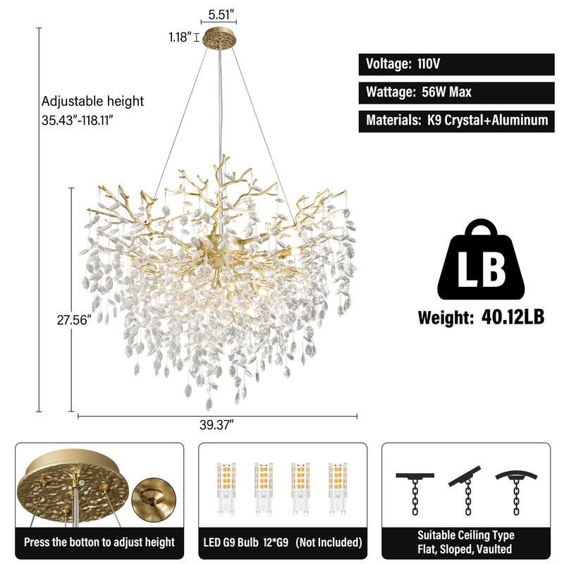 Modern Round Branch Crystal Chandelier, 600-1200mm Diameter, Marquise Cut Crystal Pendant Light
