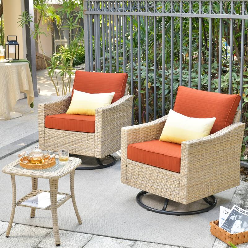HOOOWOOO 3-piece Rattan Patio Swivel Rocking Chair Set with Side Table