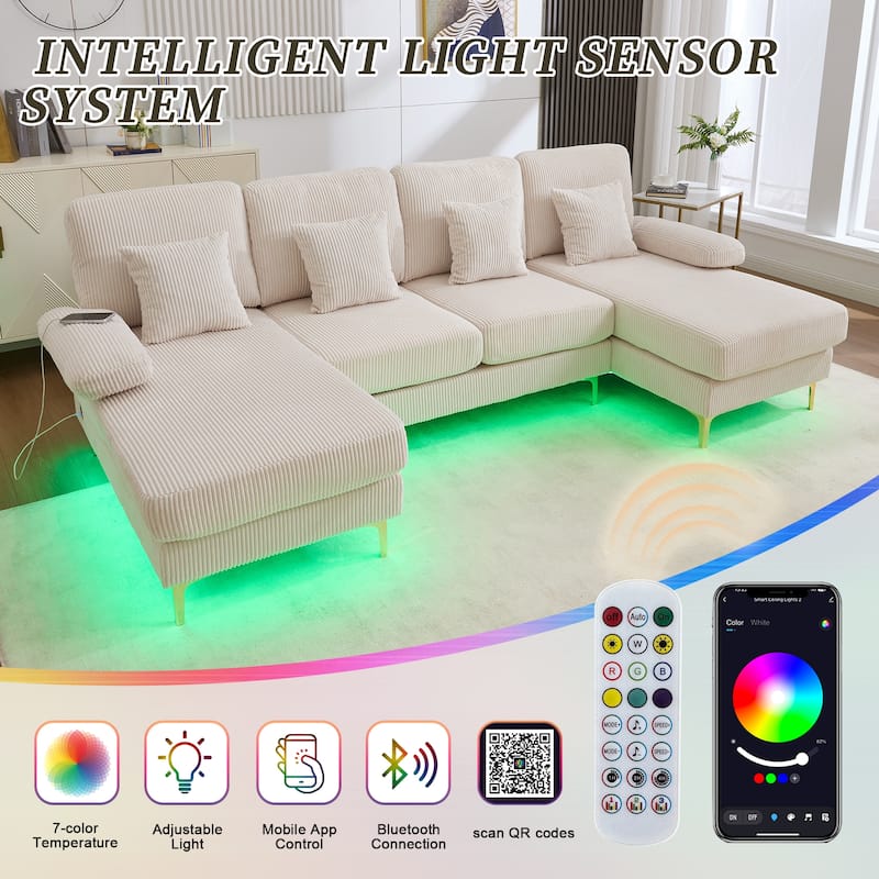 HOMEFUN Corduroy Upholstered U-shaped Adjustable Light Modular Sectional Sofa With Type-C and USB ports