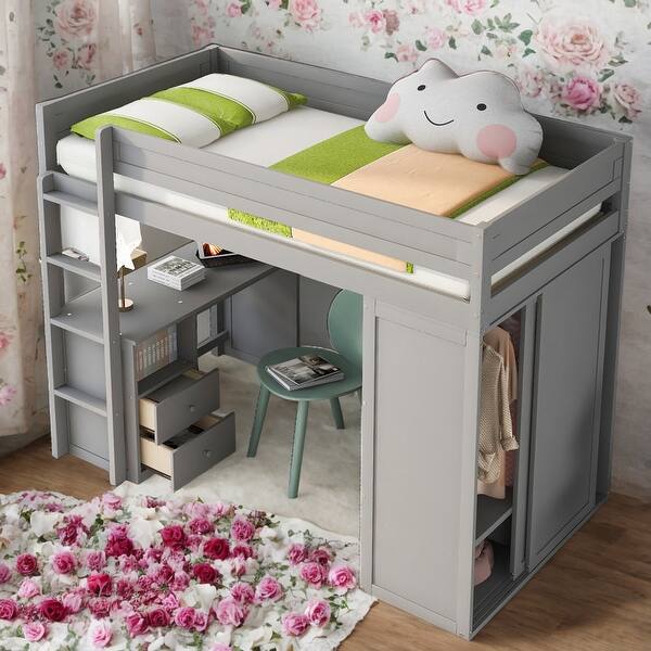 slide 2 of 34, Twin Size Loft Bed With Wardrobes And 2-Drawer Desk With Cabinet for Home Grey