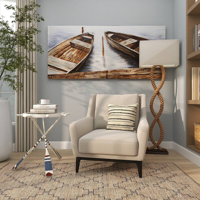 White Metal Ship Wheel Top Accent Table with Oar Shaped Legs