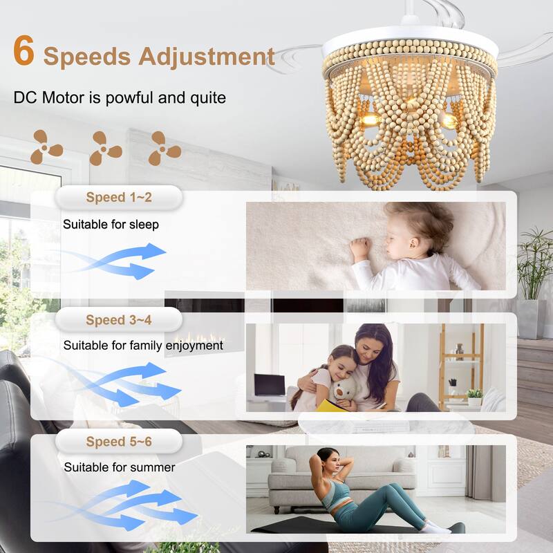 Bella Depot 42" Bohemian Retractable Ceiling Fan with Remote and Light 6-speed Reversible DC Motor