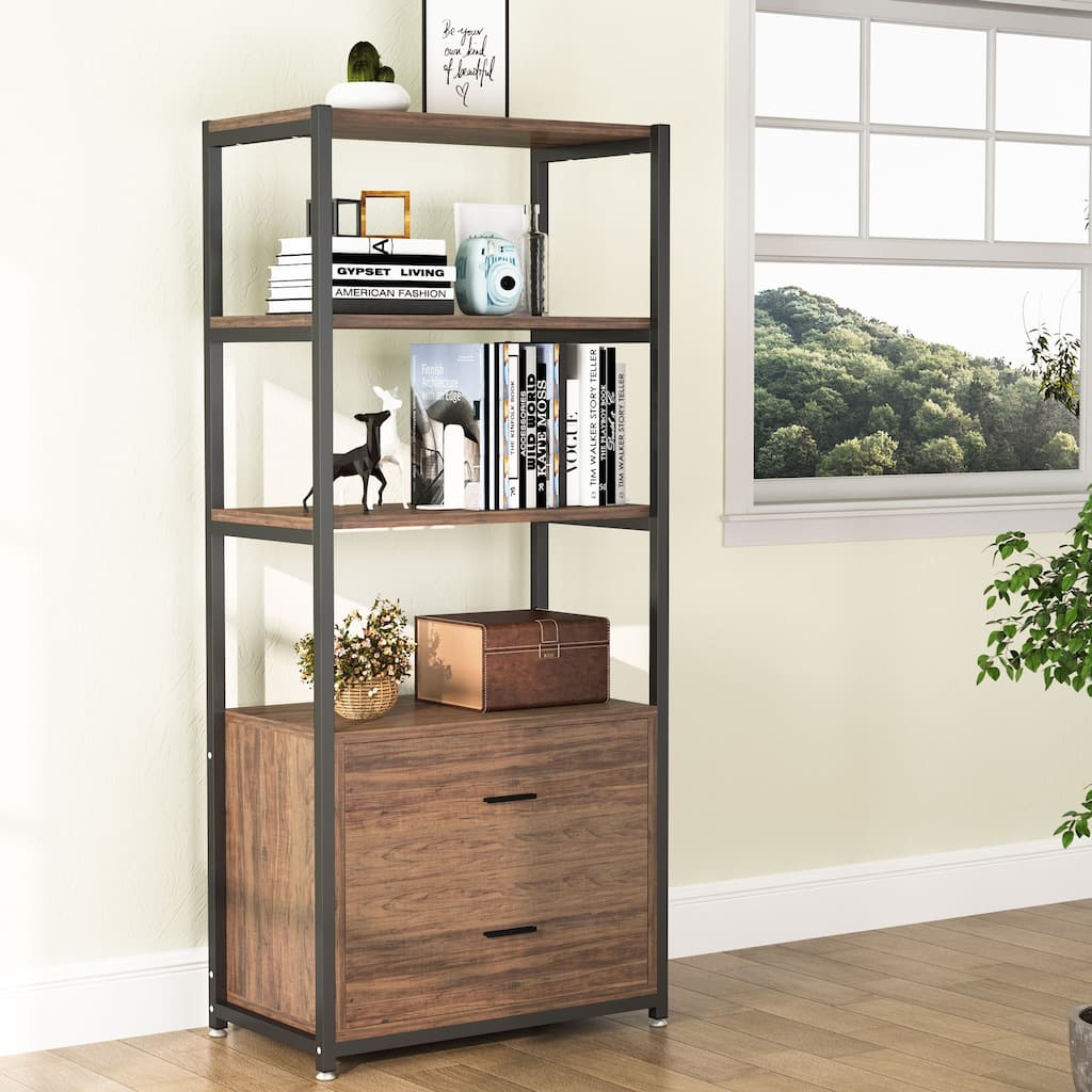 Tribesigns Rustic Bookshelf with Drawers, Industrial Display Book Shelf for Home Office