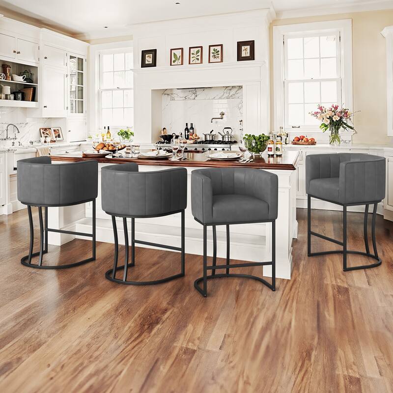 LUE BONA Modern 26.in Low Back Counter Height Barstool Barrel Set of 4 Bar Stools with Metal Frame - Grey&Black/Faux Leather