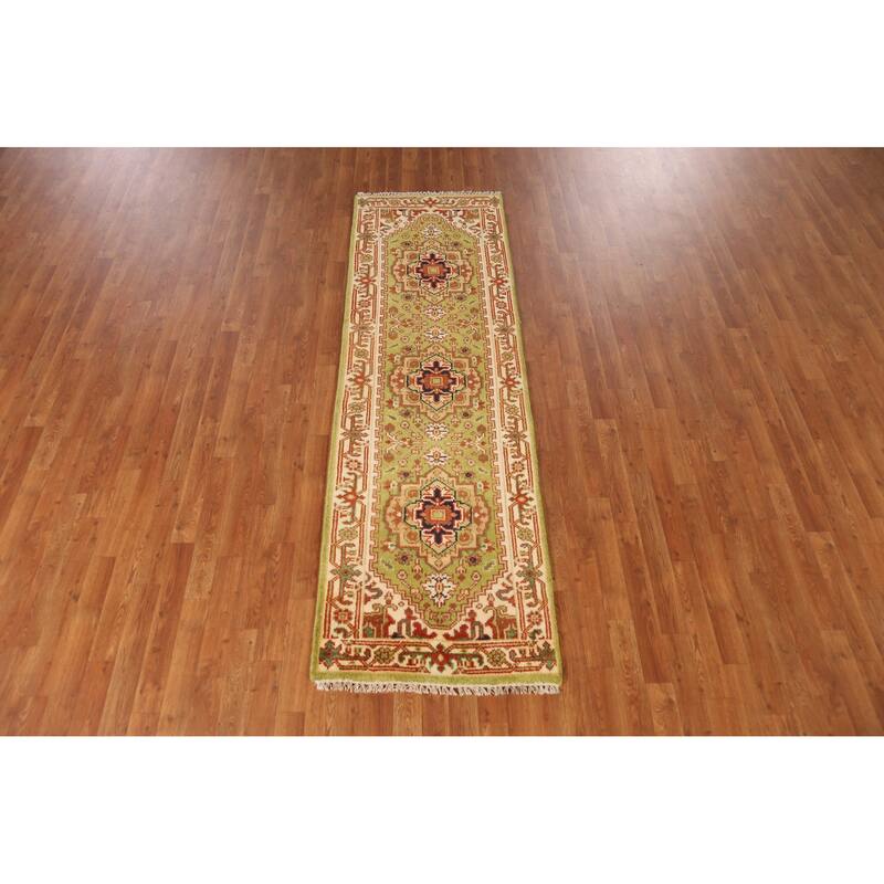 Light Green Heriz Serapi Indian Runner Rug Hand-Knotted Wool Carpet - 2'6" x 8'0"