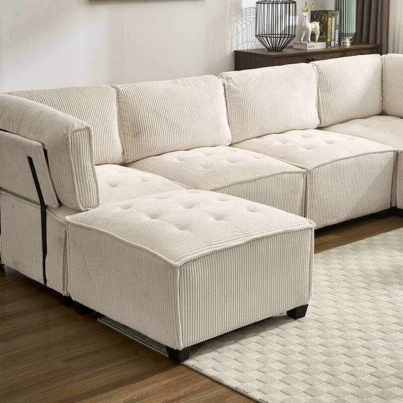 121.26" Corduroy Modular Sectional Sofa 6- Seat U Shaped Couch with Reversible Chaise and Ottoman