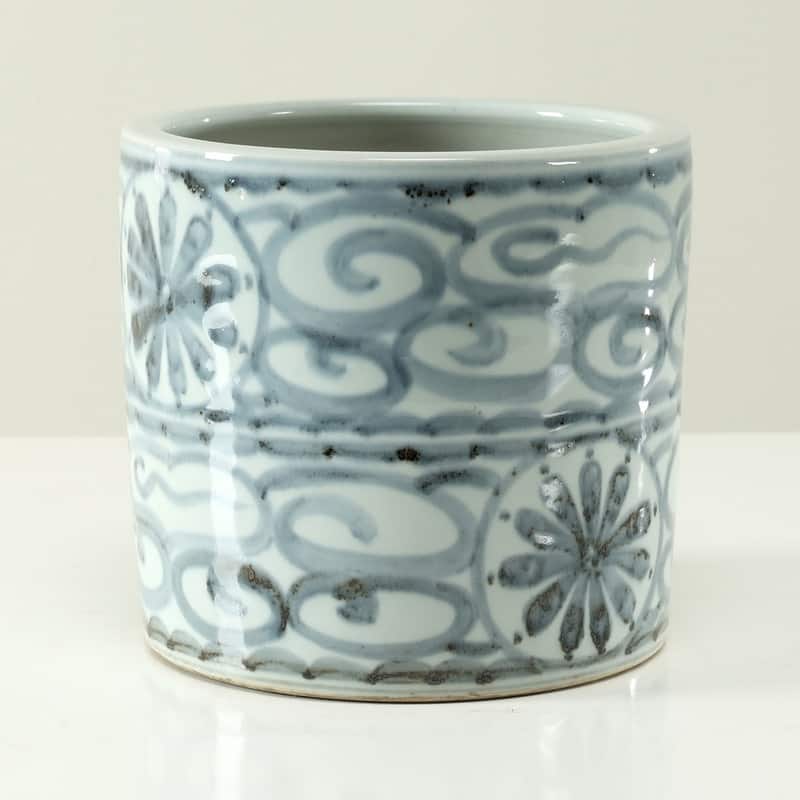 Approx. 8 Inches Tall Subtle Blue and White Pot with Floral Motif