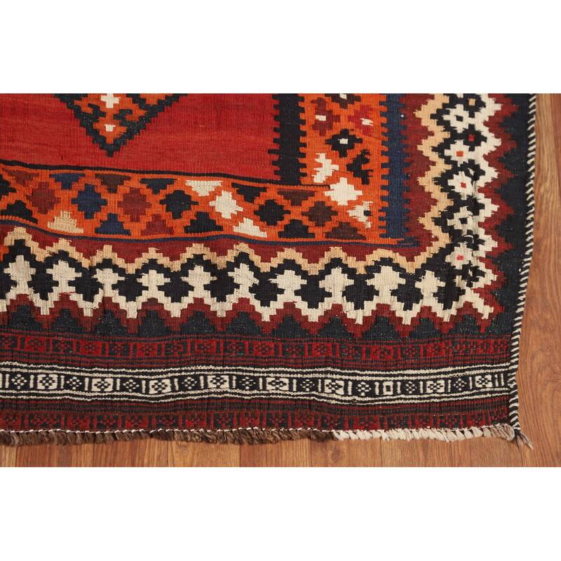 Red Kilim Qashqai Persian Vintage Area Rug Flatweave Wool Carpet - 5'0"x 7'6"