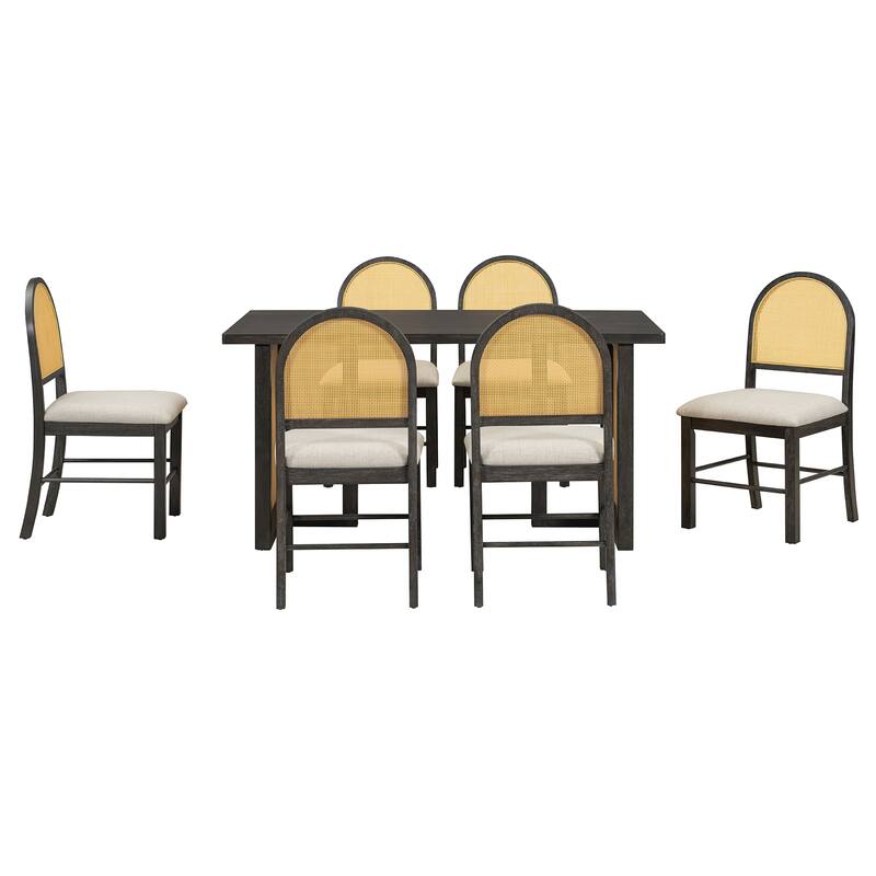 7-Piece Farmhouse Dining Table Set with Distressed Oak Veneer and Upholstered Rattan Chairs for Gatherings