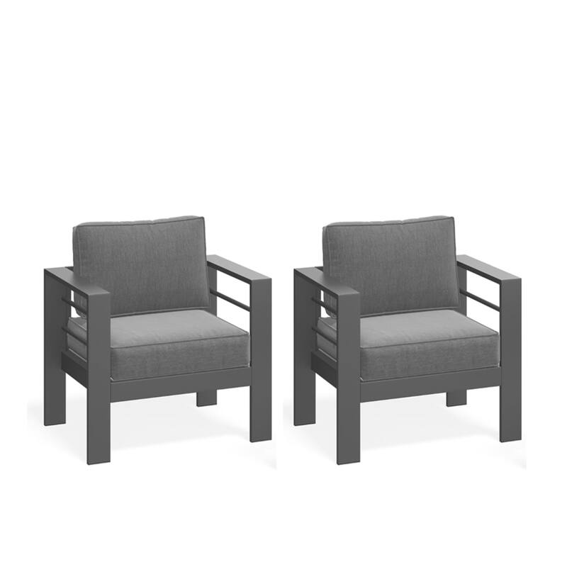 Set of 2 28" Metal Patio Armchairs with Thick Gray Cushions Gray Frame