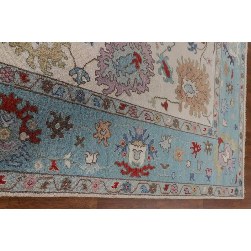 Beige / Ivory Floral Oushak Area Rug Hand-Knotted Wool Carpet - 9'1" x 11'9"