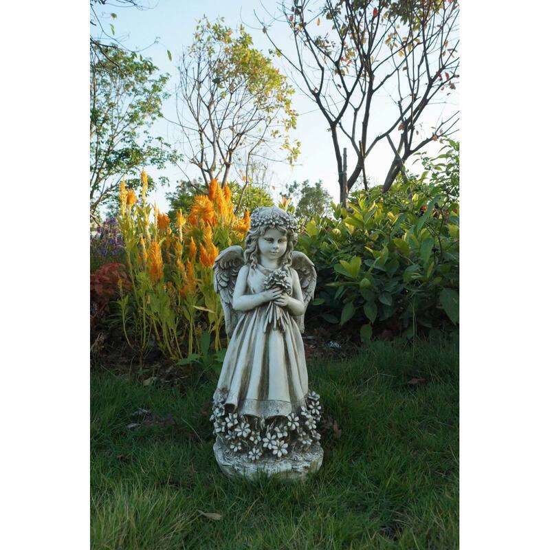 19" Standing Child Angel Holding Flowers Outdoor Garden Statue