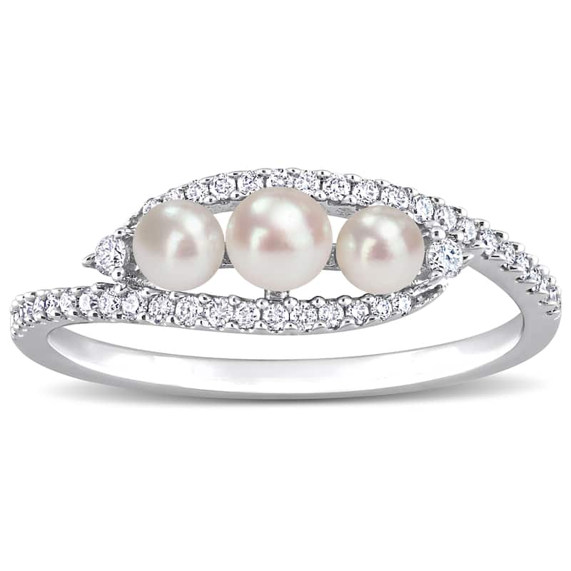 Miadora Cultured Freshwater Pearl and 1/5ct TDW Diamond Bypass Ring in 14k White Gold