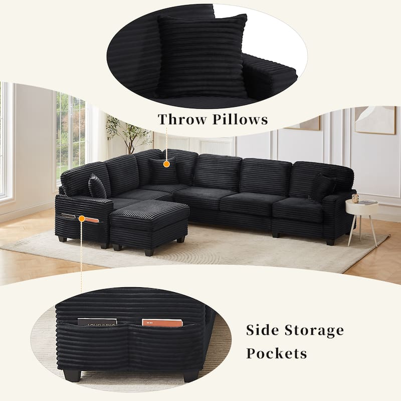 Sectional Sofa U-shaped Sectional 125.2" Upholstered L-shaped Sofa with a Movable Ottoman and Side Storage Pockets