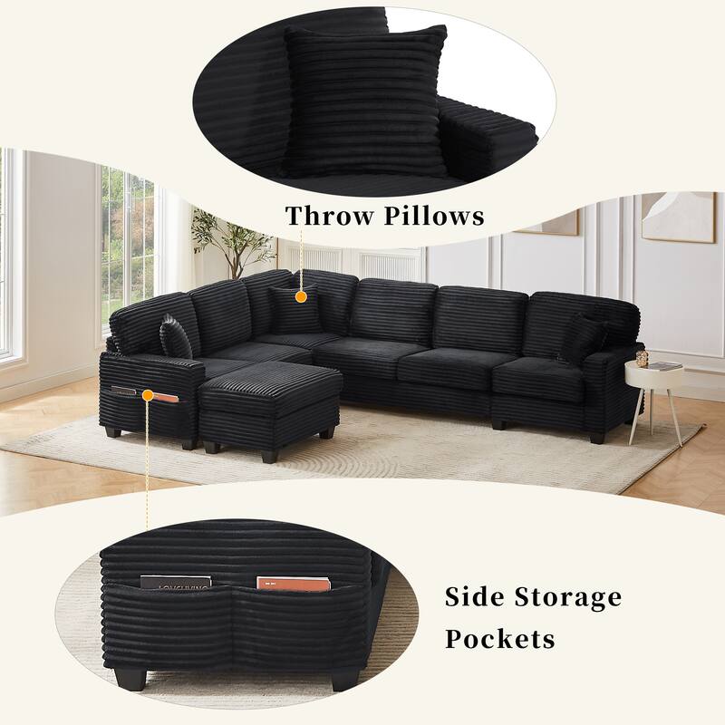 U Shaped Sectional Sofa with 1 Movable Ottoman, Corduroy Upholstered 6 Seater Sofa, Corner Sofa with Storage Pockets