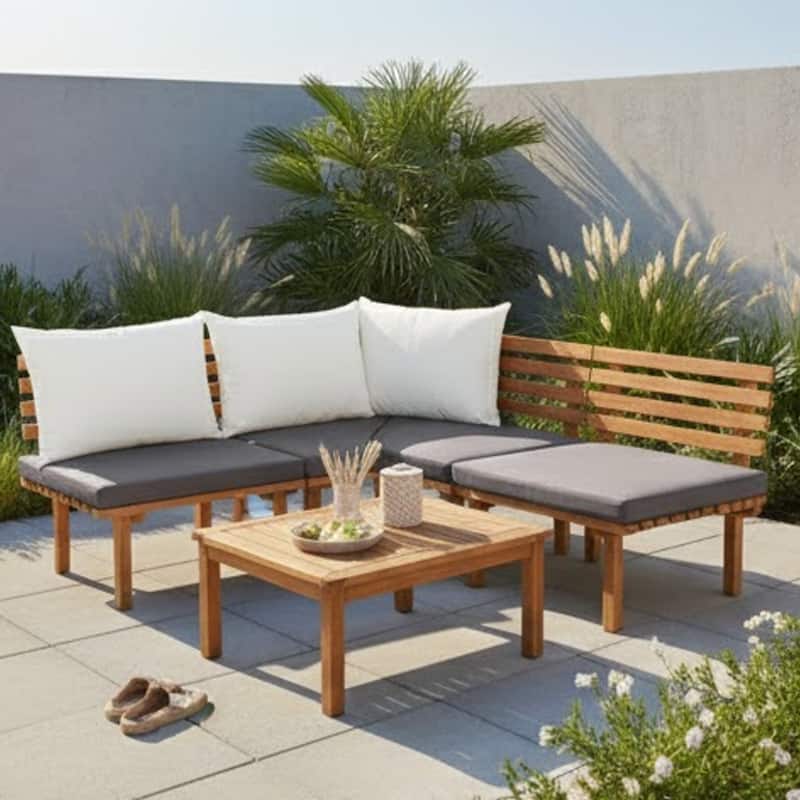 Roma Outdoor Modular Corner Chair, White Fabric, Solid Acacia Wood