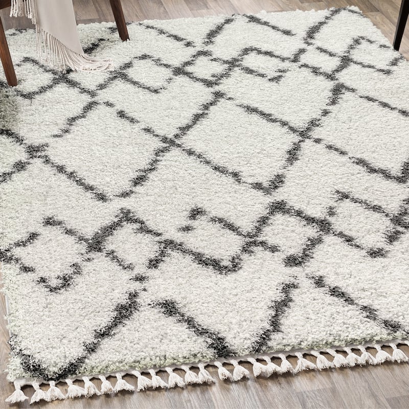 JONATHAN Y Modern Shag Plush Tassel Moroccan Tribal Geometric Trellis Area Rug