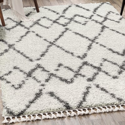 JONATHAN Y Modern Shag Plush Tassel Moroccan Tribal Geometric Trellis Area Rug