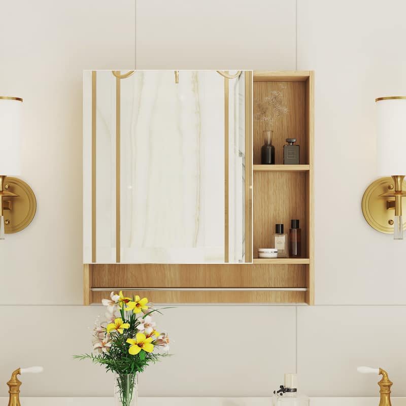 Wall-mounted bathroom medicine cabinet with shelves and a towel rack, designed for over-the-toilet storage and organization.