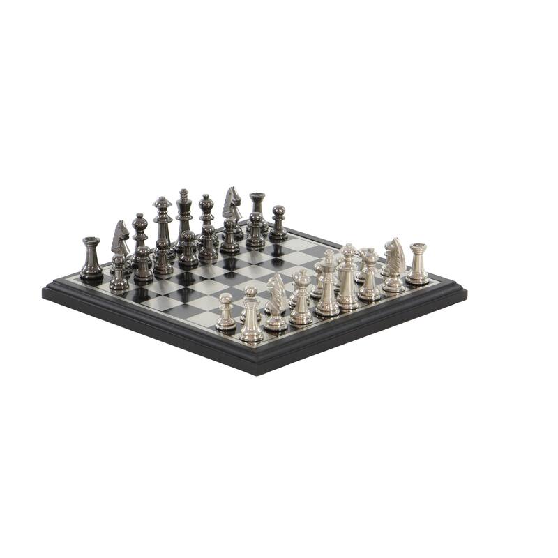 Aluminum Metal Chess Game Set with Black and Silver Pieces - Silver - Roche River Decor