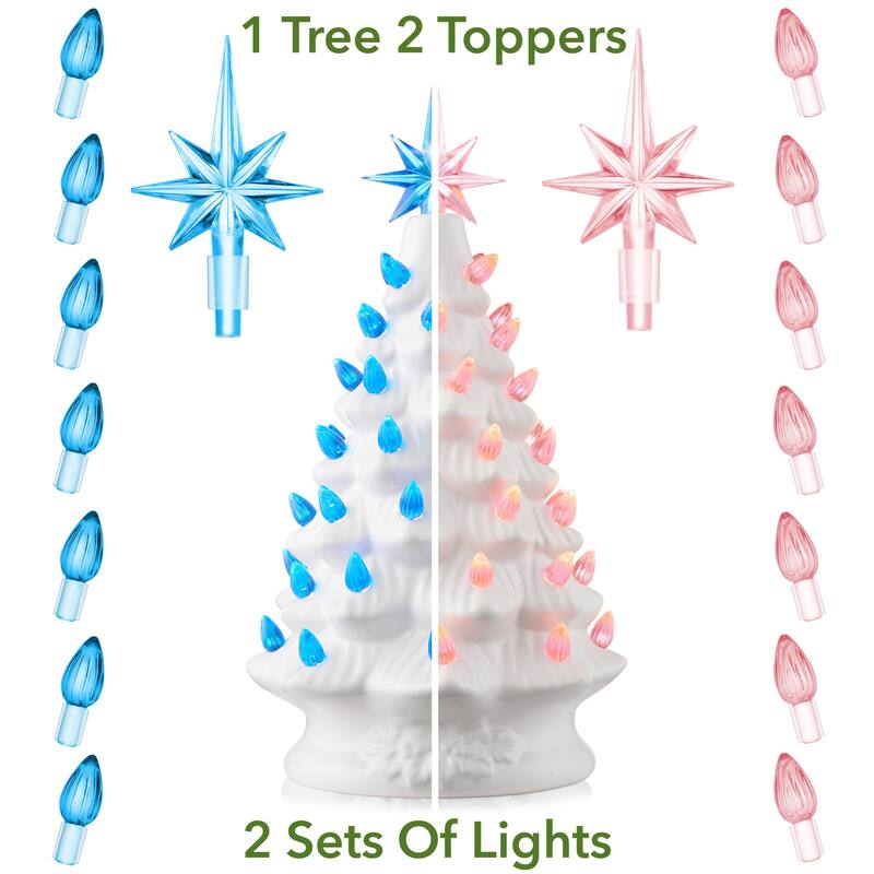 12in Hand Painted Ceramic Christmas Tree PreLit Tree with Star