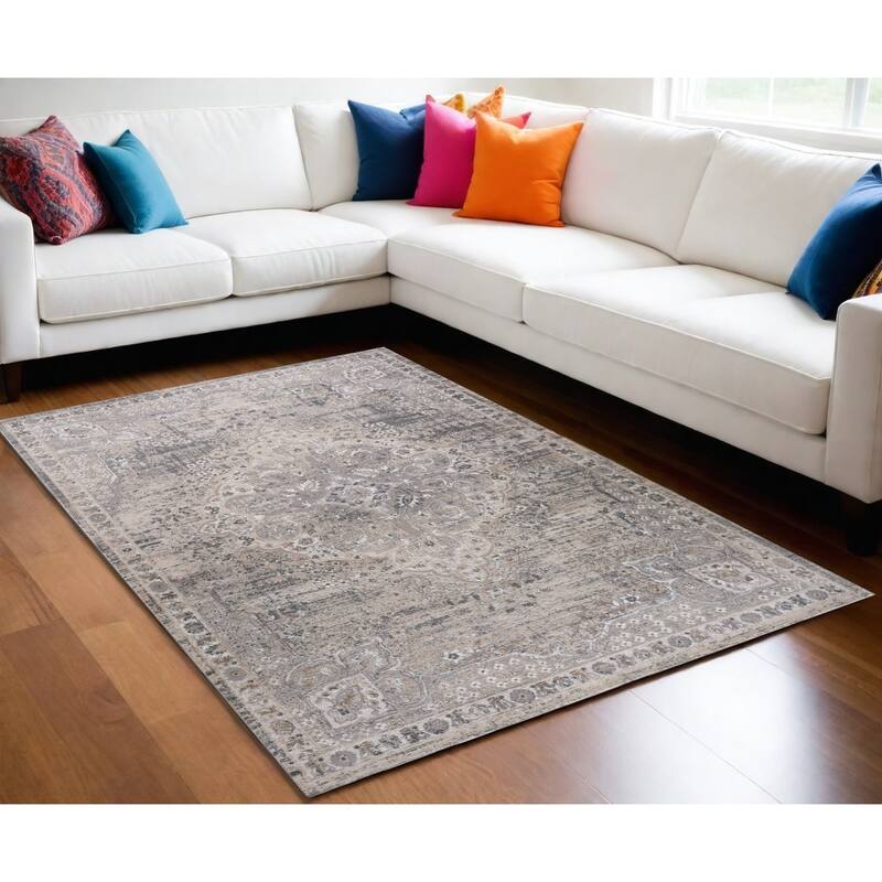 Bike Distressed Stain Resistant Woven Durable Area Rug By HomeRoots - 5' X 8' - Gray and Beige - Rectangle